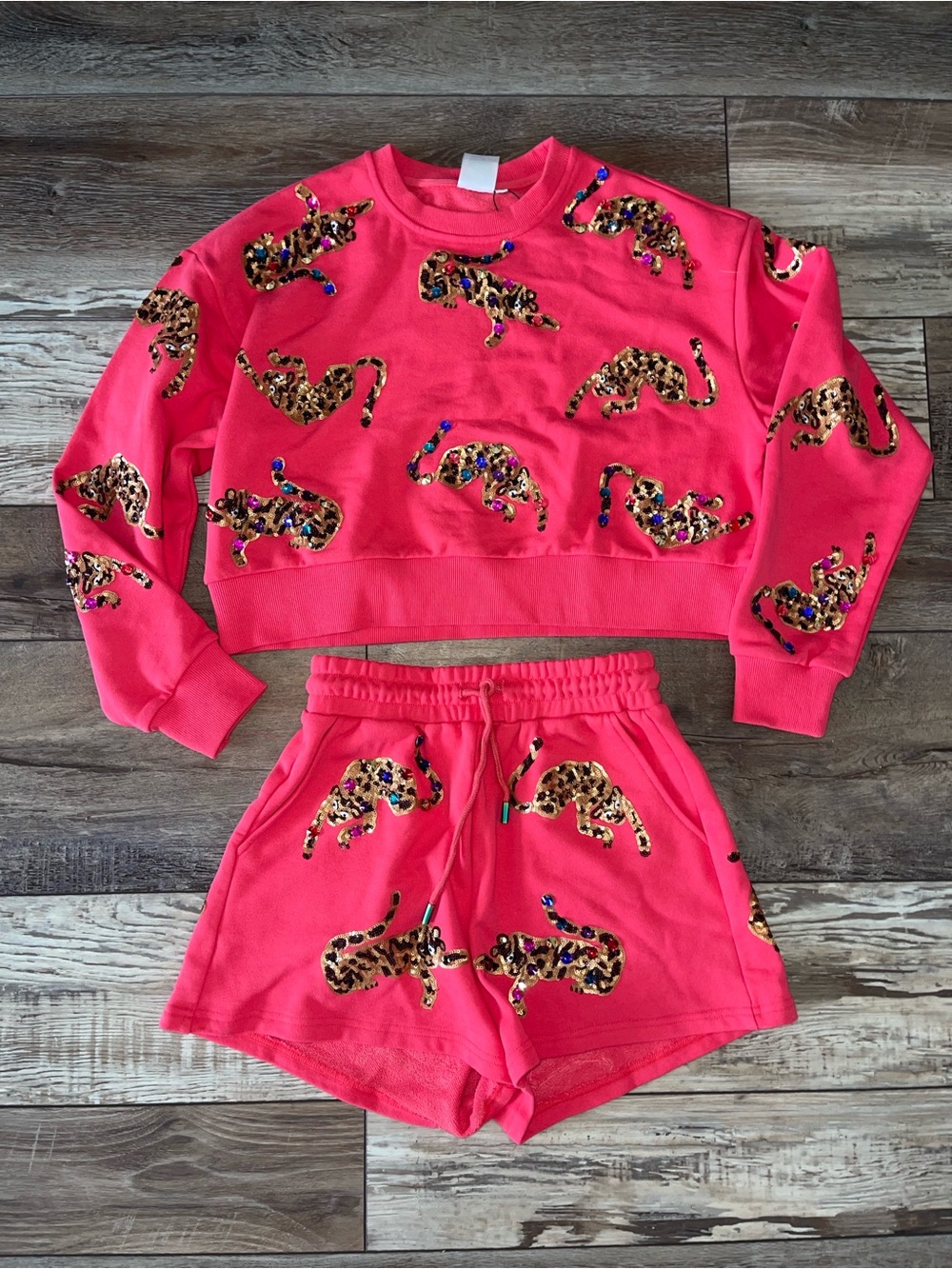 QUEEN OF SPARKLES Red Leopard Sequin Applique Sweatshirt & Matching Shorts Set